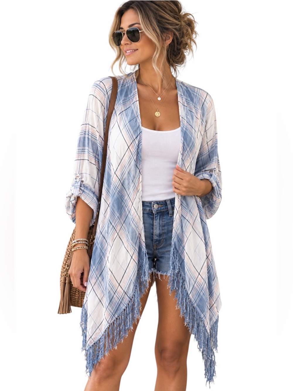 Torrid Blue & White Plaid Open Front Fringe Cardigan Jacket